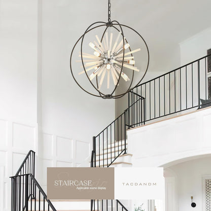 23.6" Black Chrome 12-Light Globe Sputnik Chandelier Modern Adjustable Hanging Ceiling Glass Tube Pendant Light Fixture for Entryway Foyer Staircase Dining Living Room Hallway