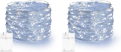 Dazzle Bright Fairy Lights Battery Operated, 2 Pack Total 40FT 120LED Silver Wire Waterproof Battery Operated String Lights, Christmas Decorations for Indoor Outdoor Bedroom Yard Decor, White
