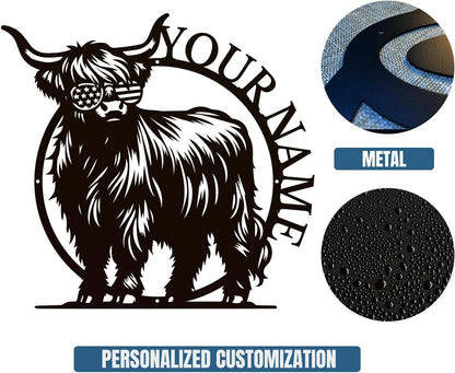 Personalized Highland Cow Name metal Signs,Custom Highland Cow Metal Shed Wall Decor,Black Metal Wall Art Plaques Outdoor wall Decorative Signage (Style G)