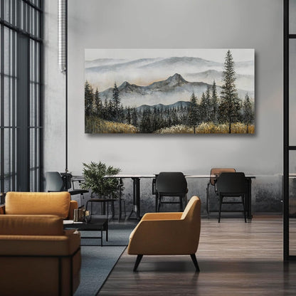 Foggy forest Wall Decor,Framed Canvas Wall Art, Large Artwork Green Mountain Pictures Boho Pine Tree Wall Painting Mountains Landscape Art for Home Living Room Office 29"x58"