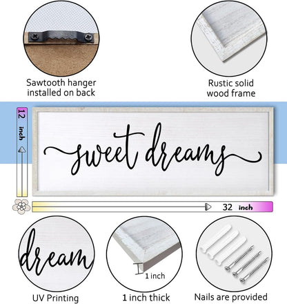 Sweet Dreams Over Bed Wall Decor 32"×12" for Master Bedroom Above Bed Wood Framed Wall Art Sign (White)