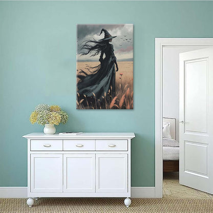 Gothic Decor Canvas Wall Art Witch in Rice Field Halloween Art Decor Print Nature Print Victorian Home Bedroom20x30in Wood Framed