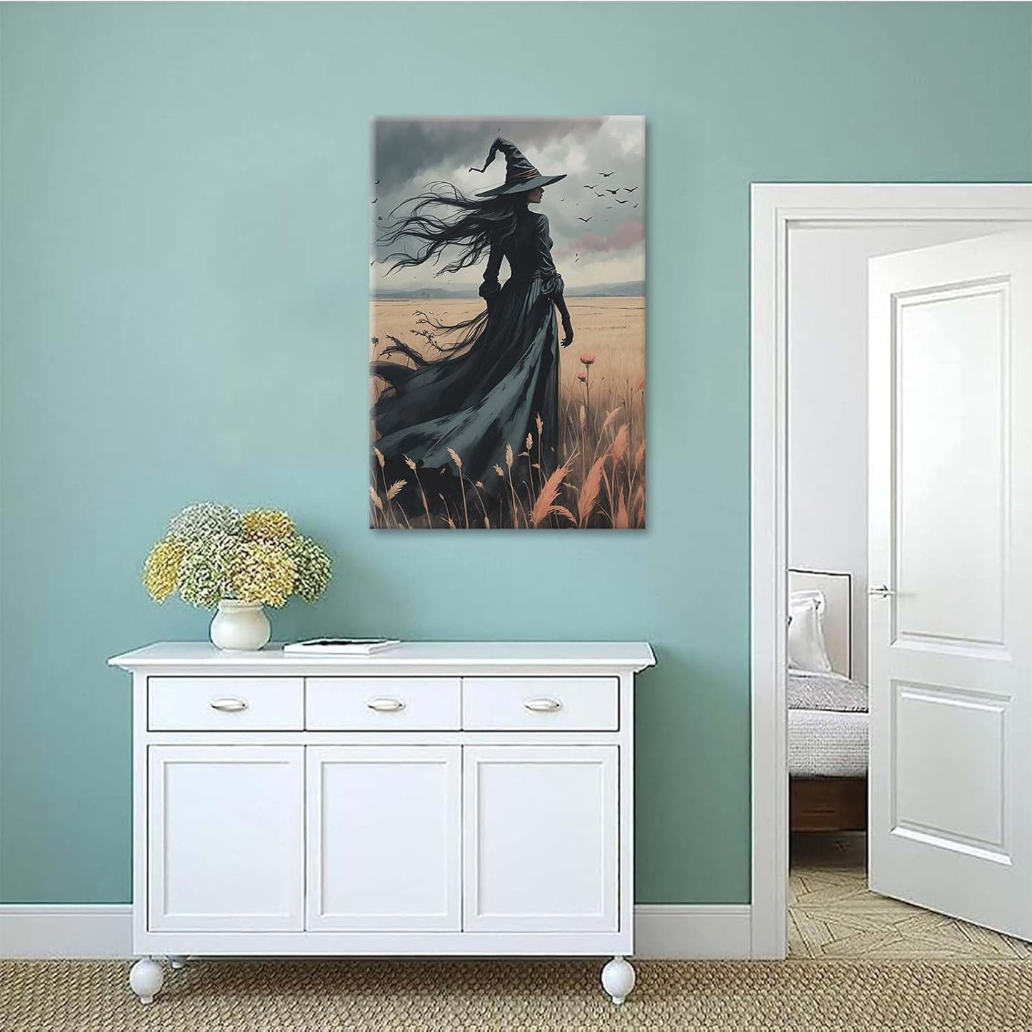 JFHCQJPK Gothic Decor Canvas Wall Art Witch in Rice Field Halloween Art Decor Print Nature Print Victorian Home Bedroom28x40in Frameless