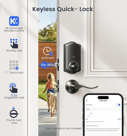 Veise VE017G Wi-Fi Keyless Entry Door Lock, App Remote & Voice Control, Fingerprint Smart Locks for Front Door, Touchscreen Electronic Keypad Deadbolt, Auto Lock, Emergency Power Port, Matte Black