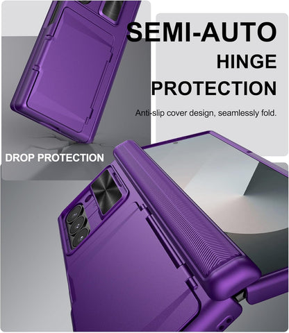 for Samsung Galaxy Z Fold 6 Case with Card Holder & Slide Camera Lens Cover & Hinge Protection & Screen Protector, Multifunctional Durable Rugged Phone Case for Samsung Z Fold 6, Dark Purple