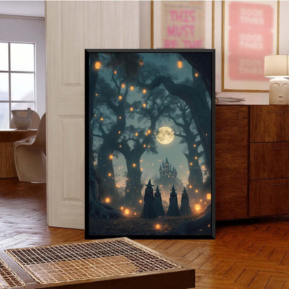 JFHCQJPK Mysterious creek painting witch and castle in magic forest art print canvas gothic print dark college decoration poster for home bedroom16x24in Metal blackFramed