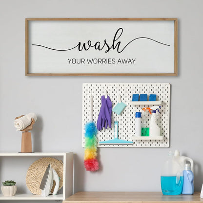 SRSZHIYUE Wash Your Worries Away Bathroom Sign Wall Art 40"x15" Funny Restroom Toilet Large Wood Framed Hanging Decor (Wood)