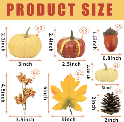 23Pcs Fake Pumpkins Fall Thanksgiving Decorations,Plastic Pumpkins with Acorns,Maple Leaves,Pine cones,Berries, Artificial Mini Pumpkin Decorating Harvest Home Decor Centerpiece Table Decorations