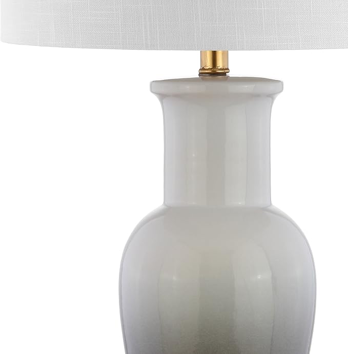JONATHAN Y 31.5" White/Gray Dip Dye Ceramic Table Lamp for Living Room, Large Bedside Lamp for Bedroom with White Linen Drum Shade, Traditional End Table Light, LED Bulb (JYL3017B)