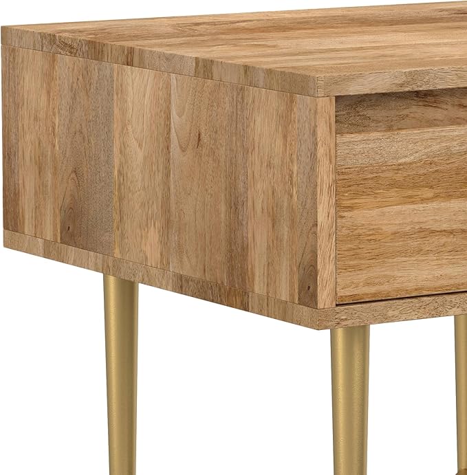 SIMPLIHOME Fallon End Table - 20 inch Wide Solid Mango Wood Square Accent Table with Storage Drawer and Gold Metal Base in Natural, Contemporary Nightstand or Lamp Stand for Living Room or Bedroom