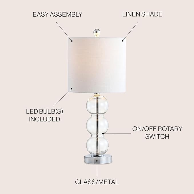 JONATHAN Y 21" Clear/Chrome Glass Table Lamp for Bedroom and Living Room, White Linen Shade, Modern Stacked Sphere Bedside Lamp, LED Bulb Included (JYL1021D)