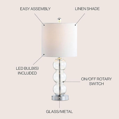 JONATHAN Y 21" Clear/Chrome Glass Table Lamp for Bedroom and Living Room, White Linen Shade, Modern Stacked Sphere Bedside Lamp, LED Bulb Included (JYL1021D)