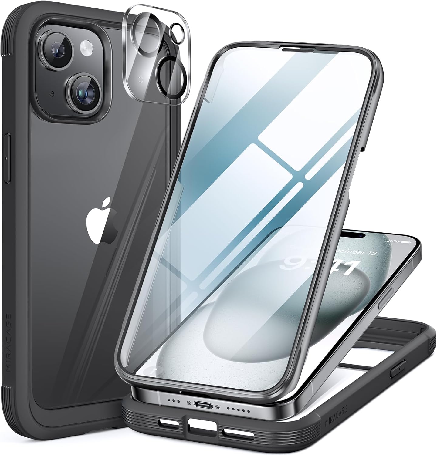 Miracase Glass Series Designed for iPhone 15 Plus Case 6.7',Full-Body Military Drop Proof 15 Plus Phone Case Cover with Built-in 9H Tempered Glass Screen Protector,Black