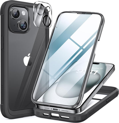 Miracase Glass Series Designed for iPhone 15 Plus Case 6.7',Full-Body Military Drop Proof 15 Plus Phone Case Cover with Built-in 9H Tempered Glass Screen Protector,Black