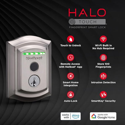 Kwikset Halo Touch Fingerprint Wi-Fi Smart Lock, Keyless Entry Door Low Profile Deadbolt, Geofence Auto-Unlock, Grade AAA Certified, No Hub Easy Install, Satin Nickel Lifetime Finish Warranty, Arch