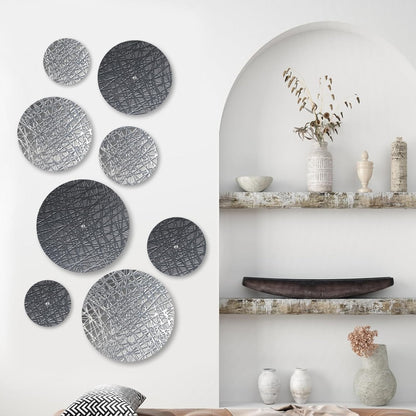 DETENE Metal Plate Art ，Metal round Wall Decor - 8 Pcs with 4 Sizes, Silver & Blue, Modern Wall Hanging Sculptures for Living Room, Office, Apartment, Bathroom, Staircase, Hallway Decorations