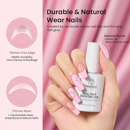 Beetles Gel Nail Kit Medium Square with Nail Dehydrator and Primer, 576Pcs Half Matte Etch-X Gel Nail Tips Solid Nail Glue Mini Nail Lamp Acrylic Nail Tips Easy DIY Nail Extension Set Gift for Women