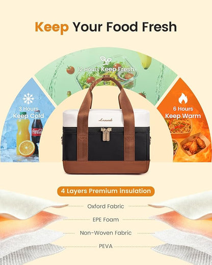 LOVEVOOK Insulated Lunch Bag for Women - Cute Lunch Box Cooler for Work, Picnic, and Beach, Beige-black