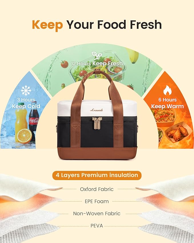 LOVEVOOK Insulated Lunch Bag for Women - Cute Lunch Box Cooler for Work, Picnic, and Beach, Coffee-khaki-black