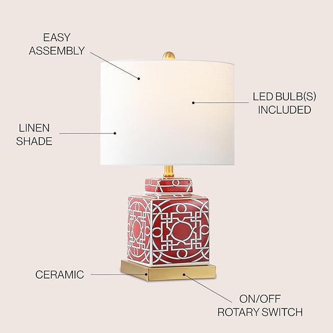 JONATHAN Y 22" Red/White Modern Ceramic Ginger Jar Table Lamp for Nightstand, Square Lattice Transitional Chinoiserie Lamp for Living Room, White Linen Shade, LED Bulb (JYL3044B)