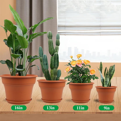 11 Inch Plastic-Flower-Pot-for-Indoor-Plants, 4 Pack Large Outdoor Planter Pot with Drainage Holes & Saucers, Resin Decorative Garden Pots Planters