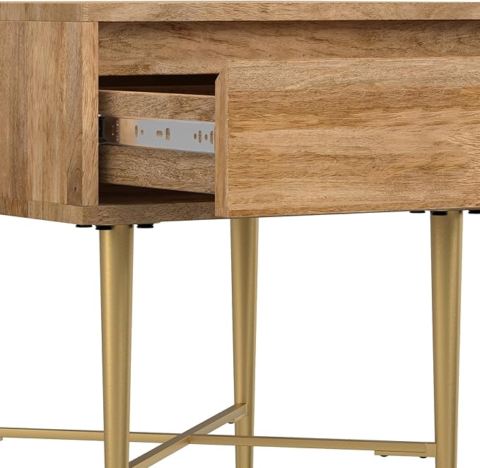 SIMPLIHOME Fallon End Table - 20 inch Wide Solid Mango Wood Square Accent Table with Storage Drawer and Gold Metal Base in Natural, Contemporary Nightstand or Lamp Stand for Living Room or Bedroom