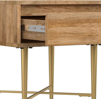 SIMPLIHOME Fallon End Table - 20 inch Wide Solid Mango Wood Square Accent Table with Storage Drawer and Gold Metal Base in Natural, Contemporary Nightstand or Lamp Stand for Living Room or Bedroom
