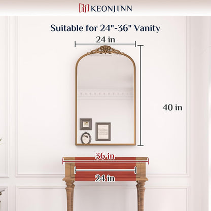 Keonjinn Vintage Gold Mirror 24" x 40", Large Mirror Decorative for Wall, Antique Bathroom Mirrors, Ornate Brass Mantle Mirrors, Baroque Decor for Entryway, Hallway, Living Room, French Cleat Mounting