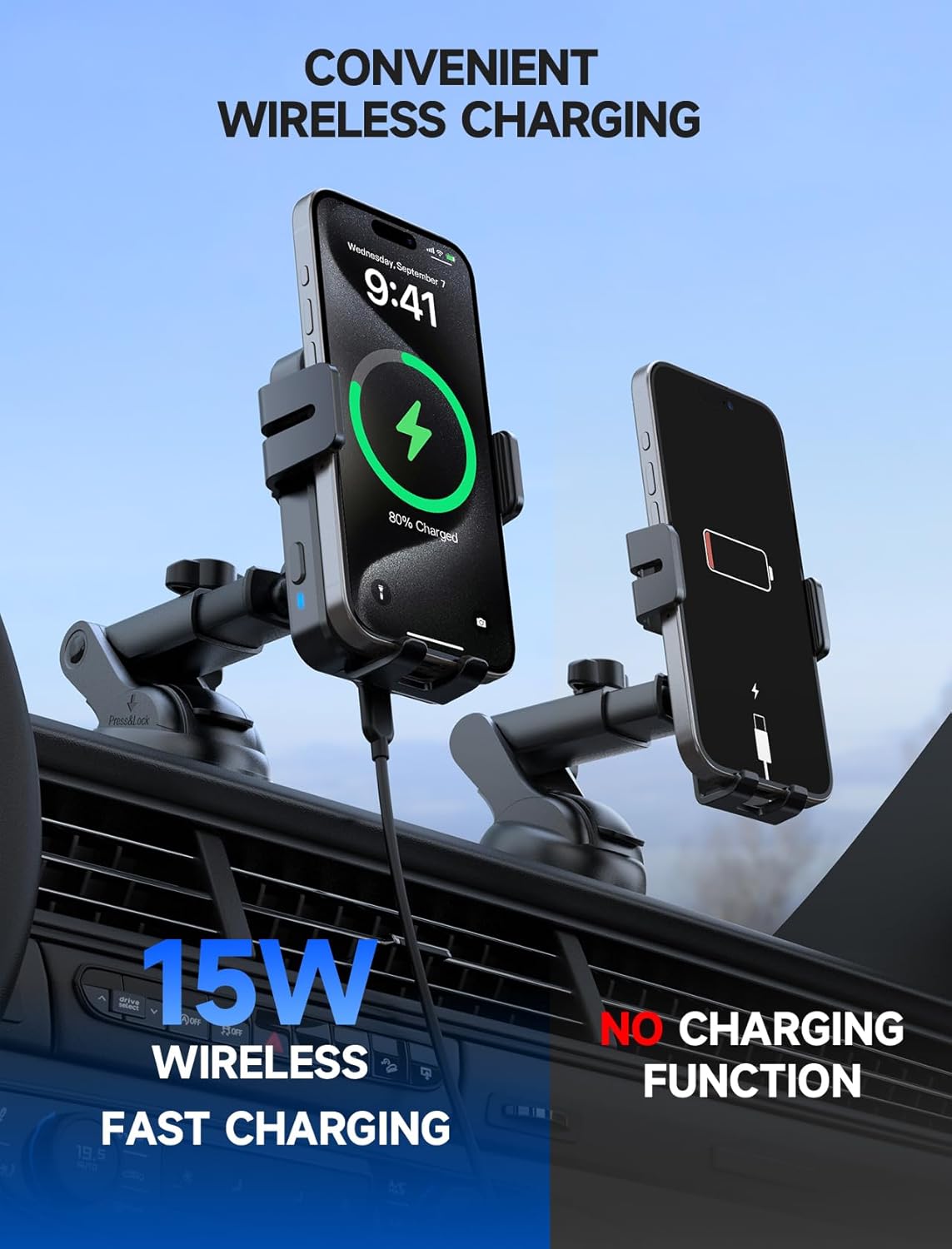 MOKPR Wireless Car Charger, 15W Auto Clamping Car Charger Dash Windshield Air Vent Phone Holder Compatible with iPhone 16 15 14/13/13 Pro/12 pro/12/11/X/8, Samsung S24/S23/S22