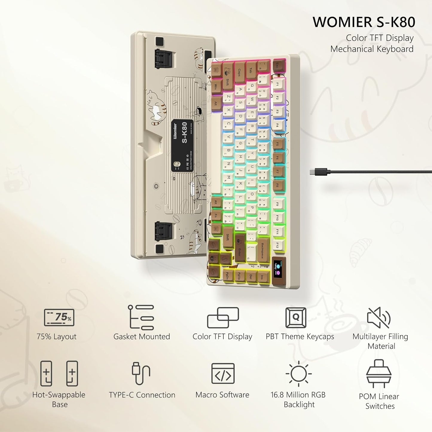 Womier SK80 Retro 75% Keyboard with Color Multimedia Display Mechanical Gaming Keyboard, Hot Swappable Gasket Mount RGB Custom Key Board, Pre-lubed Stabilizer for Mac/Win,Coffee Cat
