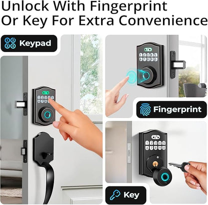 Keypad & Fingerprint Keyless Entry Front Door Lock with Handle Set, Digital Electronic Deadbolt Code Lock for Exterior Door, Auto Lock, One Time Code, Anti Peeping, Holiday & Silent Mode