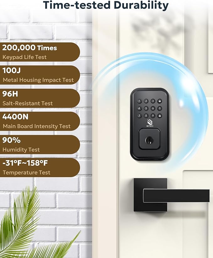 BE-TECH Keyless Entry Smart Door Lock with 2 Lever Handles, Electronic Front Door Locks Set, Digital Keypad Deadbolt, Auto Lock, One Time Codes, Anti Peeping Code, Easy Installation, Black