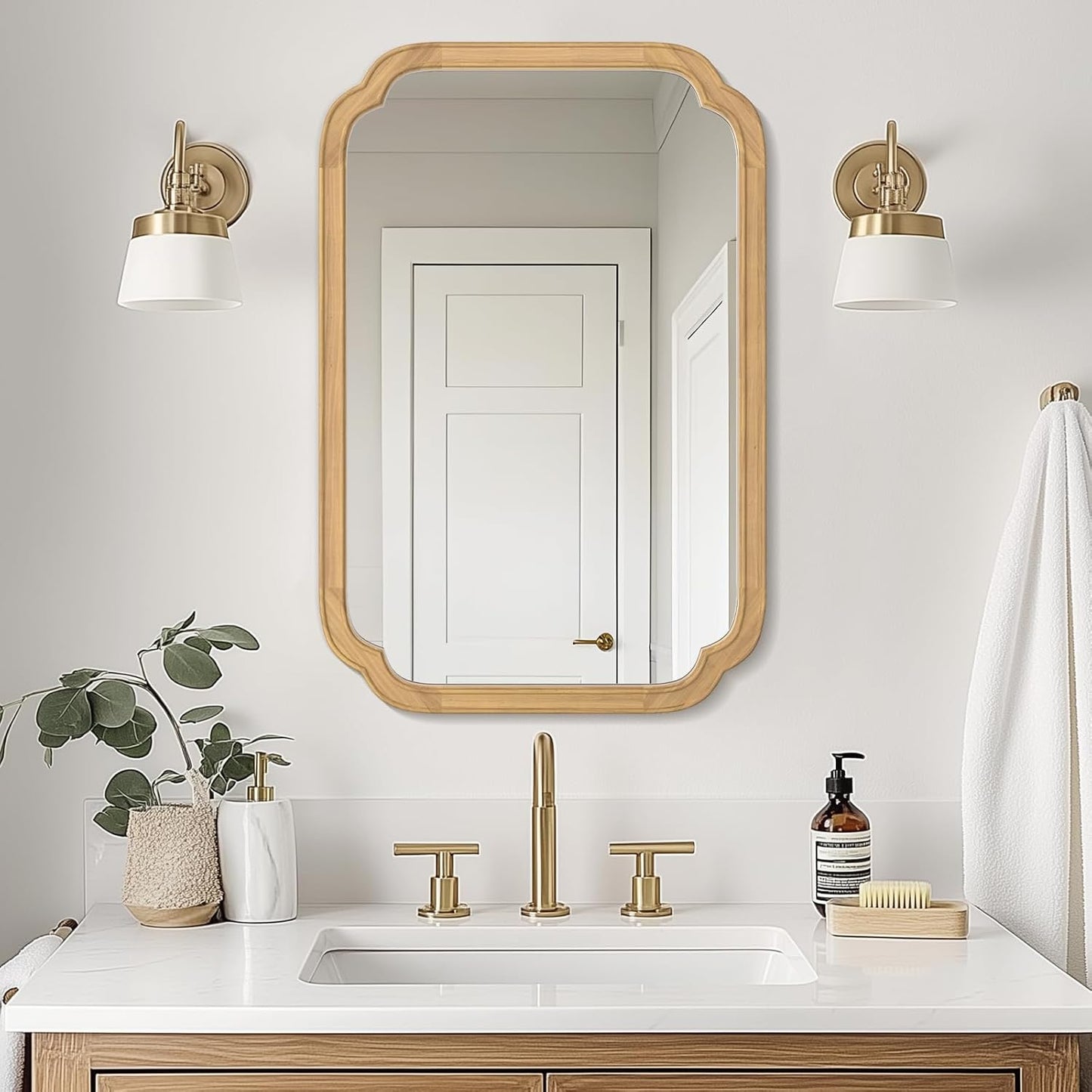 WallBeyond 20" x 30" Wood Mirror Rounded Corner Arch Wall Mirror with Wood Frame for Entryway, Living Room or Bedroom Home Decor [20" x 30" Natural Color]