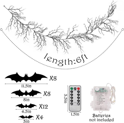 Gothic Halloween Banner: 1pc Haunted Bat Dark Dead Branch Halloween Party Banner with LED Lights, Decorative Bat Vine Twig Garland Decorations for Home Wall Mantel Doorways Front Decor