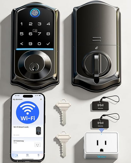 Veise VE017G Wi-Fi Keyless Entry Door Lock, App Remote & Voice Control, Fingerprint Smart Locks for Front Door, Touchscreen Electronic Keypad Deadbolt, Auto Lock, Emergency Power Port, Matte Black
