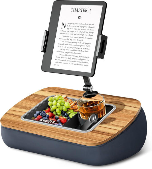 Lap Beanbag Tablet Pillow Stand,Adjustable iPad Holder with Snack Bowl,360° Rotating Clip for 4.7-13" Kindle,Phone,Tablet.Ideal for Hands-Free Reading and Relaxation on Bed,Couch,Recliner,Gray