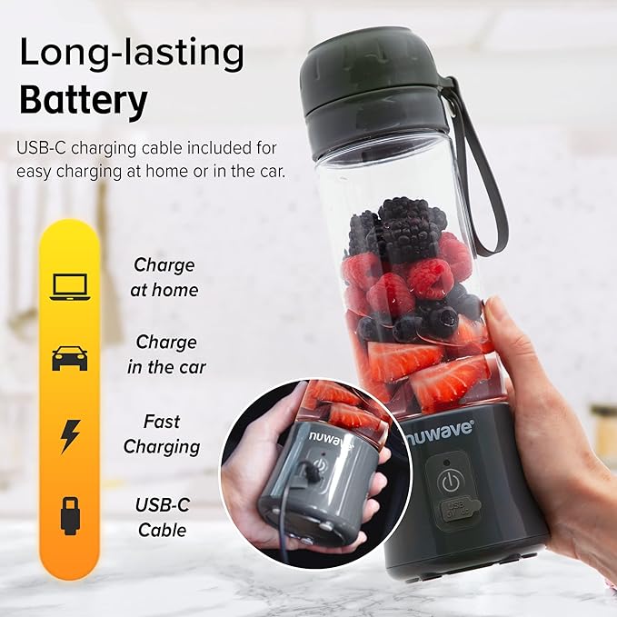 Nuwave Portable Blender for Shakes and Smoothies, On-the-GO Personal Blender with USB-C Rechargeable, 6-Piece-Blade for Crushing Ice, BPA Free 16 Oz Tritan Jar for Travel, Office and Sports