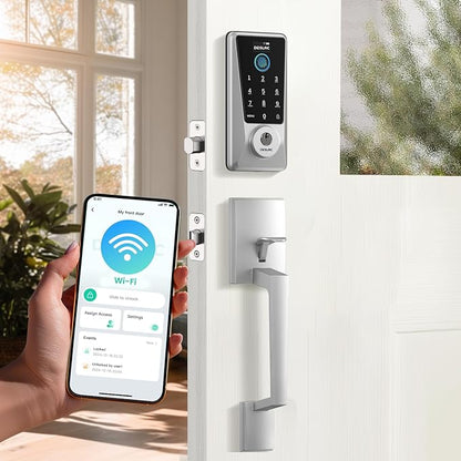 DESLOC D110 Plus Built-in Wi-Fi Smart Lock with Handle Set, Keyless Unlock in 0.5s with Fingerprint, Touchscreen Deadbolt with Visible Display, App Remote Control, BHMA Grade 3, IP54, Auto Lock