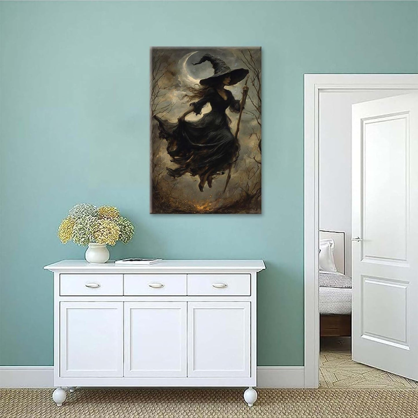 JFHCQJPK Witch in the Forest Halloween Print Wall Art Poster Witch Decor Vintage Print Dark College Wall Art Victorian Gothic Room Decor Canvas Wall Print20x30in Frameless