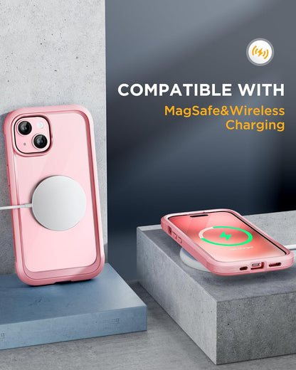 Miracase Glass Series Designed for iPhone 15 Plus Case 6.7',Full-Body Military Drop Proof 15 Plus Phone Case Cover with Built-in 9H Tempered Glass Screen Protector,Pink