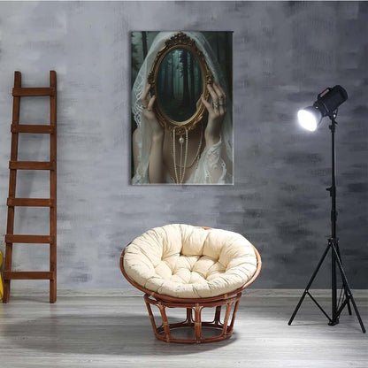 Mirror face covering dark art poster print melancholy gothic painting vintage feminine print victorian style decoration antique art12x16in Wood Framed