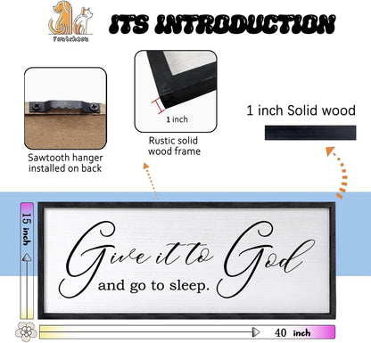Give It To God And Go To Sleep Sign Wall Decor 40x15 Inch Large Farmhouse Master Bedroom Above Bed Hanging Wall Art Rustic Guest Room Wood Framed Over Bed Wall Decoration (Black)