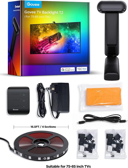 Govee Envisual TV Backlight T2 with Dual Cameras, 16.4ft RGBIC Wi-Fi LED Backlights for 75-85 inch TVs, Double Light Beads, for Home Decorations, Smart App Control, Music Sync