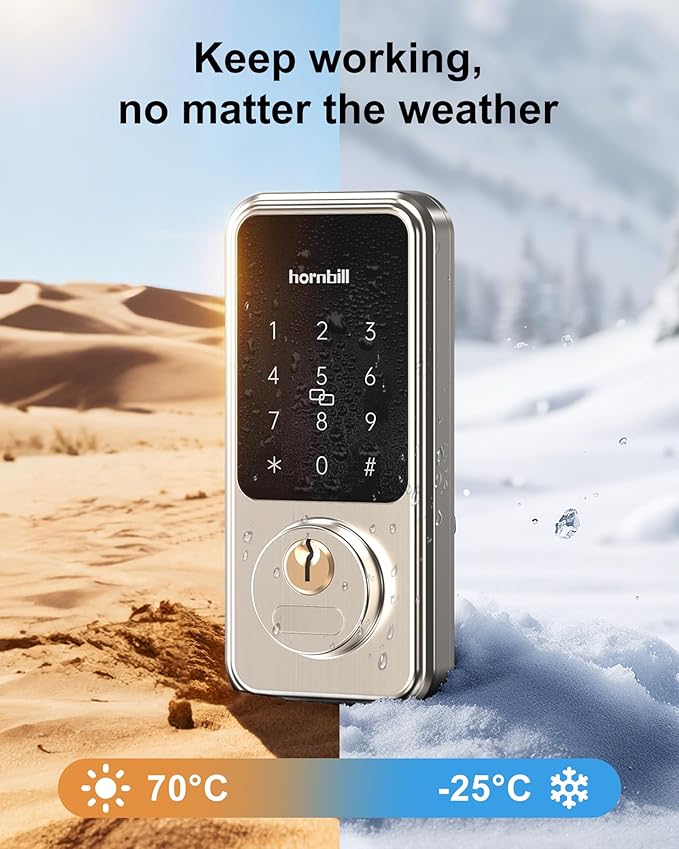 Front Door Lock with Handle Set, Hornbill Smart Deadbolt Keyless Entry, App Control and Auto-Lock, Touchscreen Keypad Electronic Deadbolt, Bluetooth/Key Fobs/Password Unlock for New House