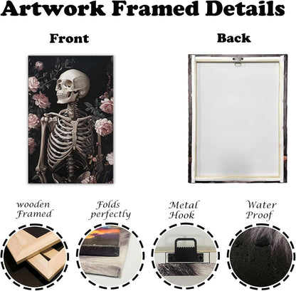 OAAPITI Skull Floral Wall Art Vintage Skeleton Portrait Canvas Print Dark Gothic Skull Art for Living Room Bedroom Home Wall Decor Ready to Hang(Artwork-10,20"x30")