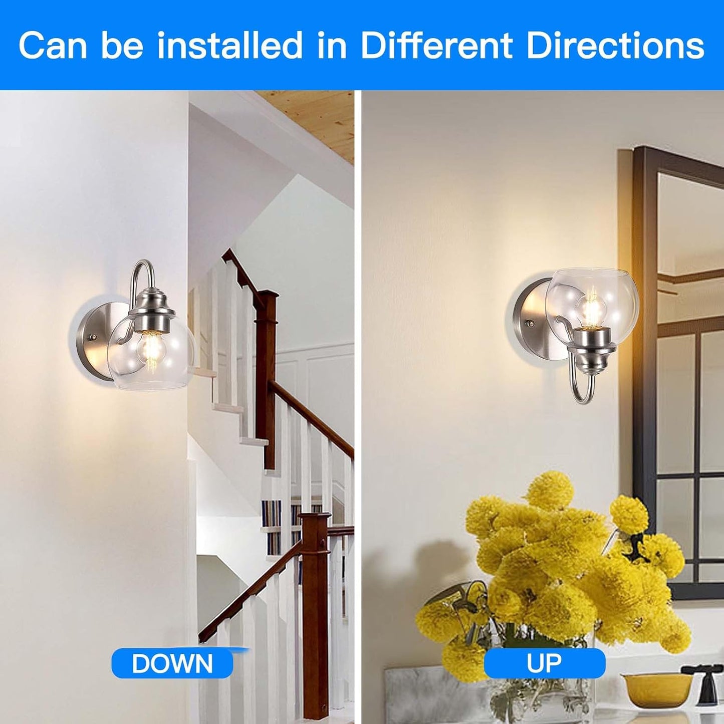 Farmhouse Gooseneck Wall Sconces Set of Two, Bathroom Brushed Nickel Vanity Light, Modern Indoor Wall Light Fixtures with Clear Glass for Bathroom Beside Mirror Living Room Hallway(Brushed Nickel)