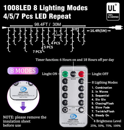 Christmas Icicle Lights Outdoor Decorations 1008 LED 98.4 FT Icicle String Lights with 189 Drops, 8 Modes Curtain Fairy Icicle Lights for Christmas Wedding Party Eaves Patio Yard (Warm White)