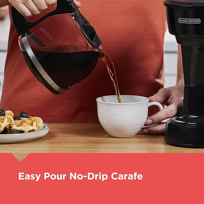 BLACK+DECKER 12-Cup Coffee Maker with Easy On/Off Switch, Easy Pour, Non-Drip Carafe with Removable Filter Basket, Vortex Technology, Black