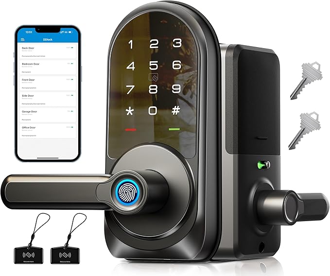 Veise RZ09 Smart Lock, 7-in-1 Keyless Entry with Handle Set, APP Control Fingerprint Deadbolt for Front Door, Electronic Digital Locks with Keypad, Matte Black