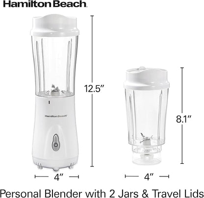 Hamilton Beach Portable Blender for Shakes and Smoothies,14 Oz BPA Free Travel Cup & Lid,Durable Stainless Steel Blades,Personal Smoothie Blender,2 Jars - White (51102V),(Pack of 2)